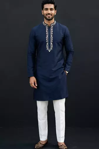 Blue-white embroidered dupion silk kurta set