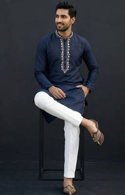 Blue-white embroidered dupion silk kurta set 4