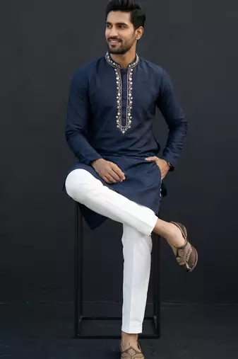 Blue-white embroidered dupion silk kurta set