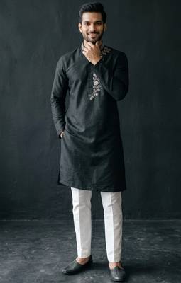 Black-white embroidered dupion silk kurta set 2