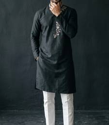 Black-white embroidered dupion silk kurta set