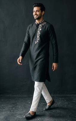 Black-white embroidered dupion silk kurta set 3