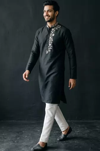 Black-white embroidered dupion silk kurta set