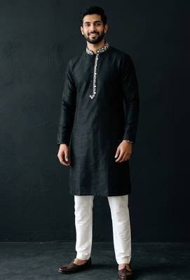 Black-white embroidered dupion silk kurta set 2