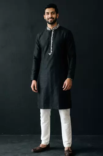 Black-white embroidered dupion silk kurta set