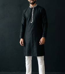 Black-white embroidered dupion silk kurta set