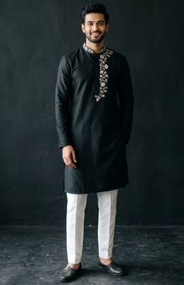 Black-white embroidered dupion silk kurta set 4