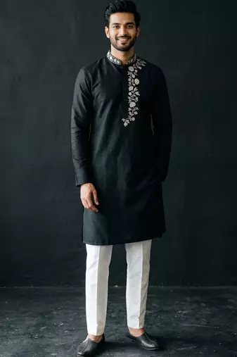 Black-white embroidered dupion silk kurta set