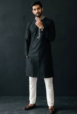 Black-white embroidered dupion silk kurta set 3