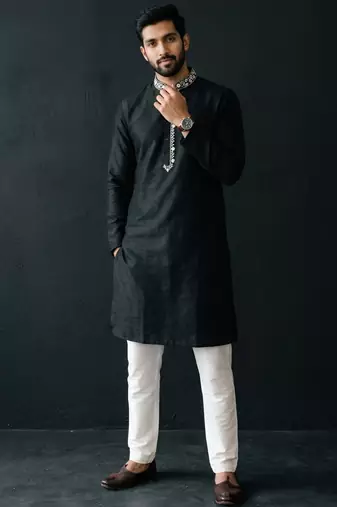 Black-white embroidered dupion silk kurta set