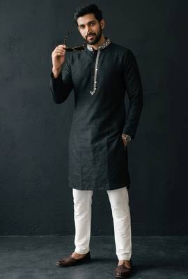 Black-white embroidered dupion silk kurta set 4