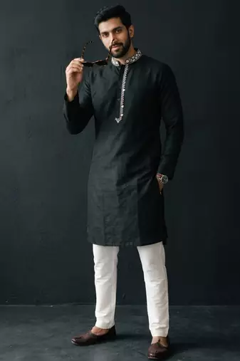 Black-white embroidered dupion silk kurta set