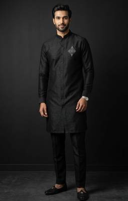Black embroidered dupion silk kurta set 2