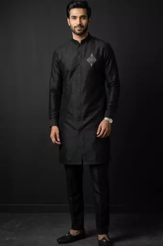 Black embroidered dupion silk kurta set