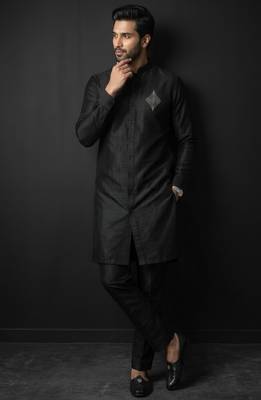 Black embroidered dupion silk kurta set 3