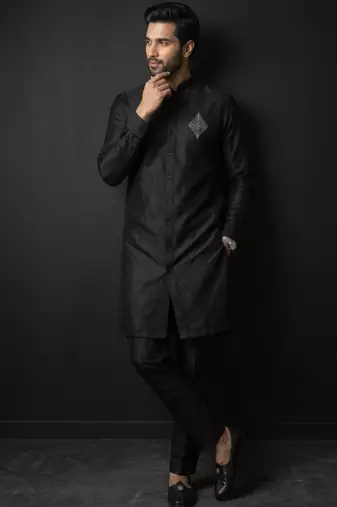 Black embroidered dupion silk kurta set