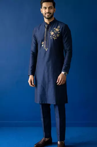 Blue embroidered dupion silk kurta set