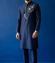 Blue embroidered dupion silk kurta set