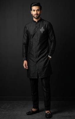 Black embroidered dupion silk kurta set 4