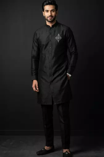 Black embroidered dupion silk kurta set
