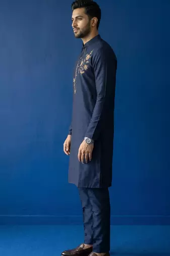 Blue embroidered dupion silk kurta set