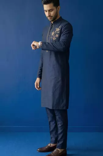 Blue embroidered dupion silk kurta set