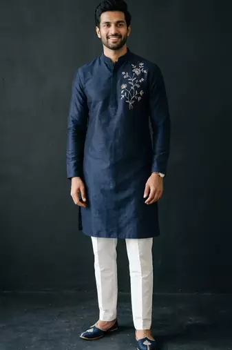 Blue-white embroidered dupion silk kurta set