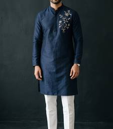 Blue-white embroidered dupion silk kurta set