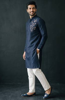 Blue-white embroidered dupion silk kurta set 3