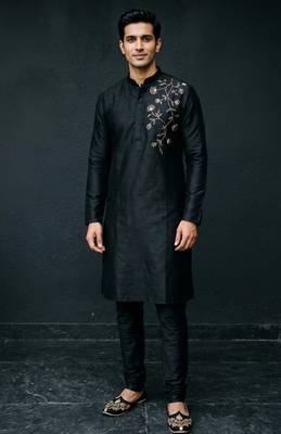Black embroidered dupion silk kurta set 2