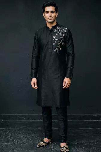 Black embroidered dupion silk kurta set