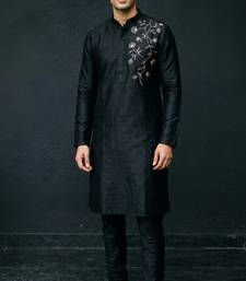 Black embroidered dupion silk kurta set