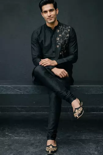 Black embroidered dupion silk kurta set