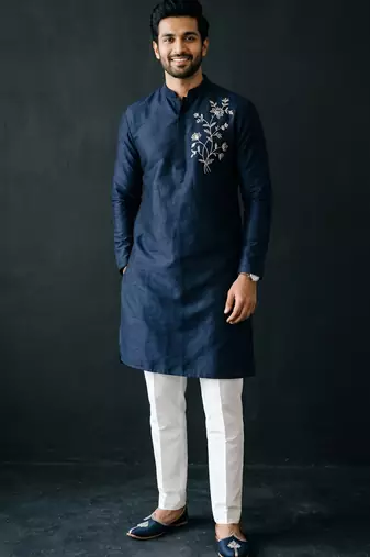 Blue-white embroidered dupion silk kurta set