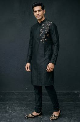 Black embroidered dupion silk kurta set 4