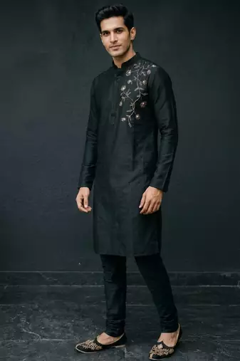 Black embroidered dupion silk kurta set