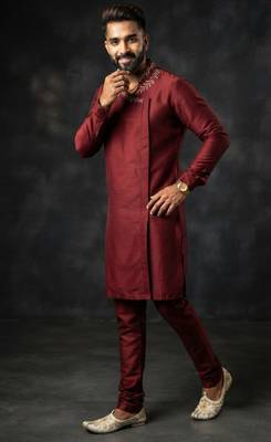 Maroon embroidered dupion silk kurta set 1