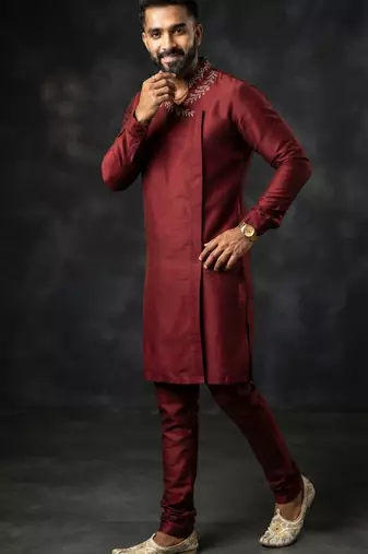 Maroon embroidered dupion silk kurta set