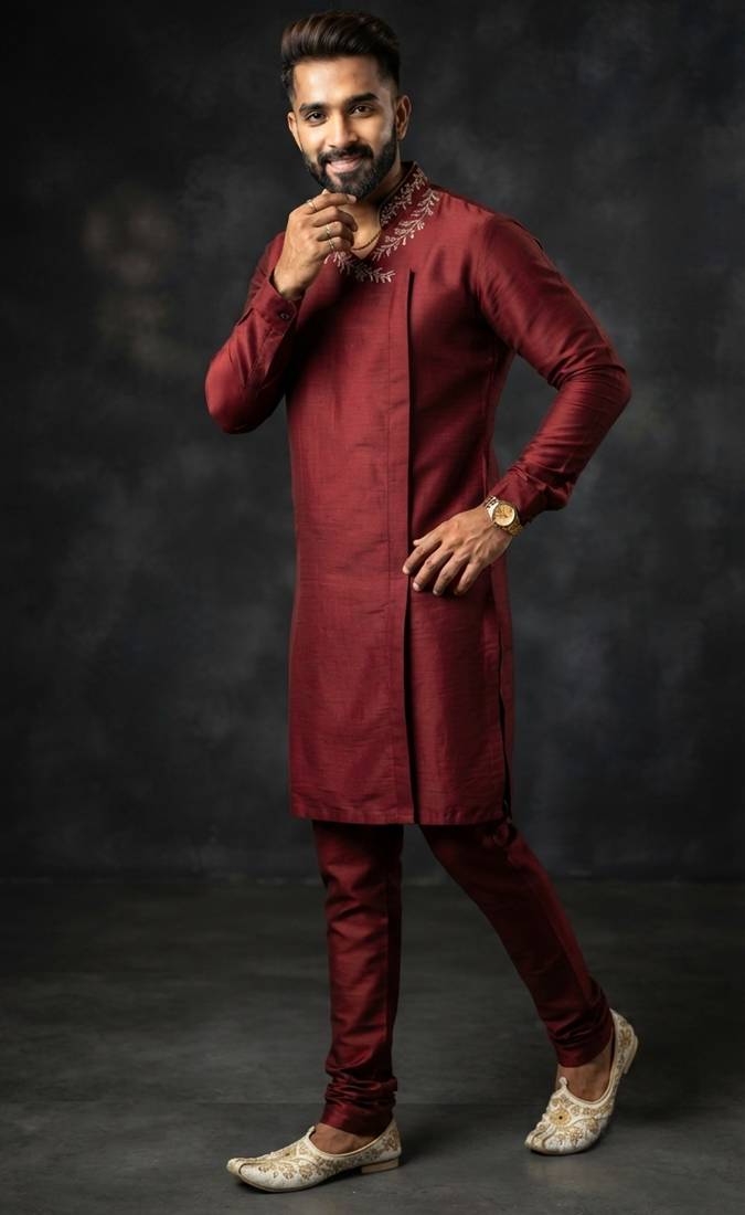 Maroon embroidered dupion silk kurta set