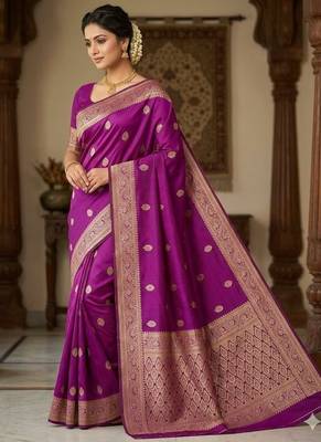 banarasi silk blend purple color woven saree with blouse 1