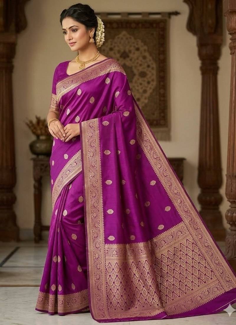 banarasi silk blend purple color woven saree with blouse