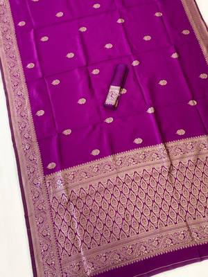 banarasi silk blend purple color woven saree with blouse 2