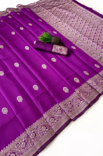 banarasi silk blend purple color woven saree with blouse