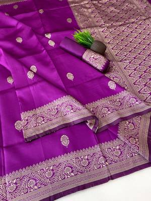 banarasi silk blend purple color woven saree with blouse 5