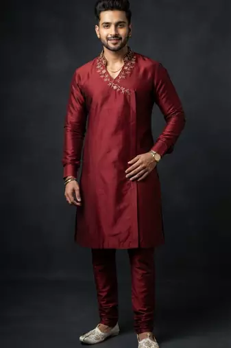 Maroon embroidered dupion silk kurta set