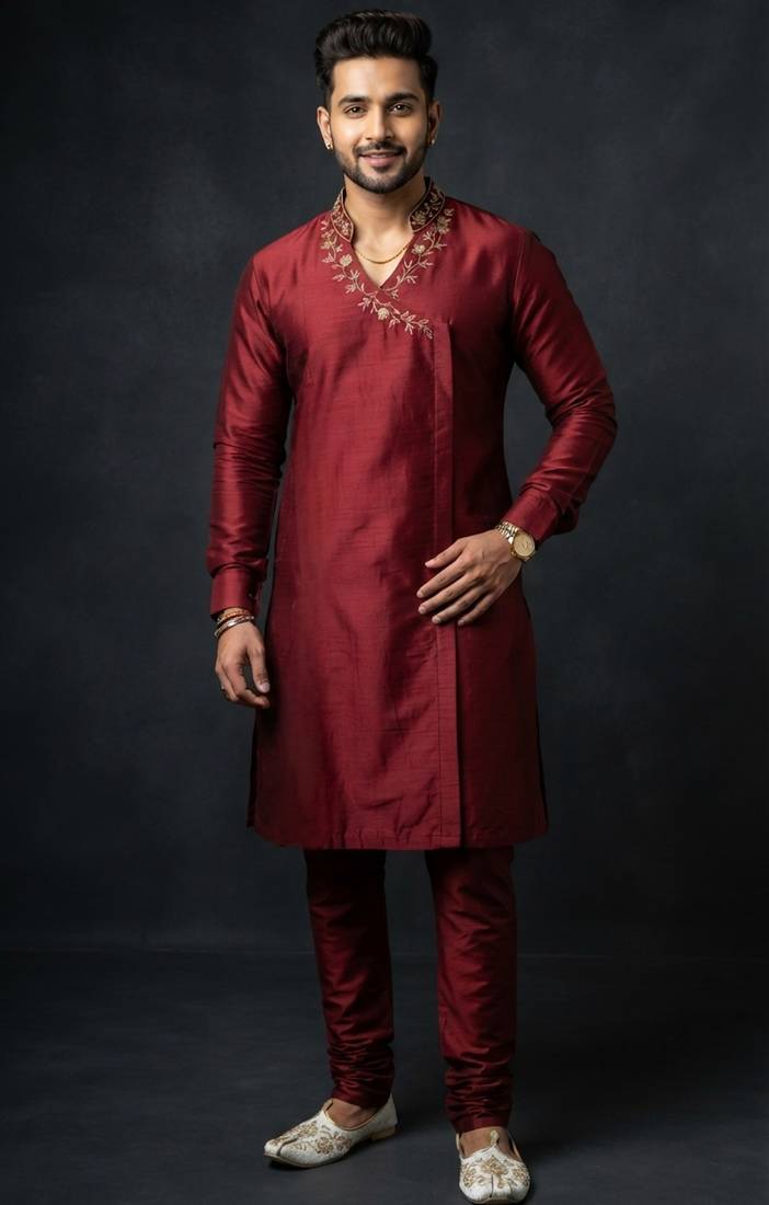 Maroon embroidered dupion silk kurta set