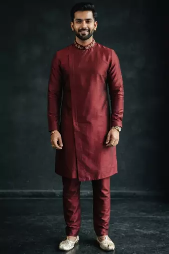 Maroon embroidered dupion silk kurta set