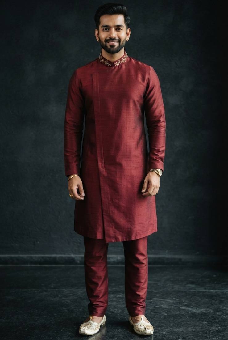 Maroon embroidered dupion silk kurta set