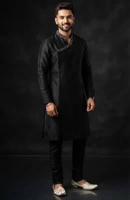 Black embroidered dupion silk kurta set 1