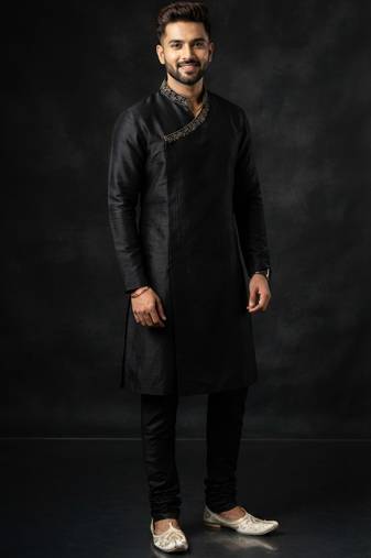 Black embroidered dupion silk kurta set
